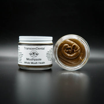 TranscenDental toothpaste jar with 2% theobromine and nano hydroxyapatite — fluoride free natural toothpaste