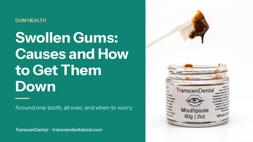 Swollen gums causes and how to get them down: TranscenDental nano-hydroxyapatite toothpaste dripping from a toothbrush above its glass jar