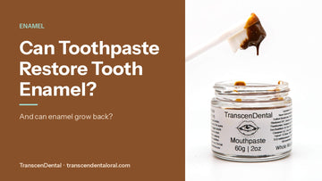 Can toothpaste restore tooth enamel? TranscenDental nano-hydroxyapatite toothpaste on a toothbrush above the jar