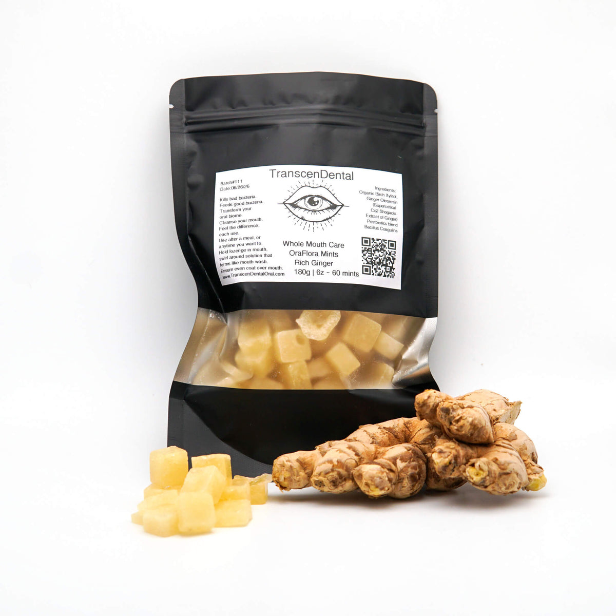 Ora Flora Rich Ginger xylitol mints pouch with fresh ginger root