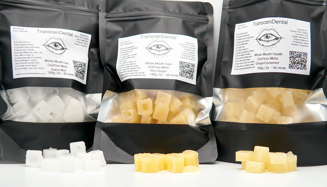 Ora Flora xylitol mints in Sweet Mint, Rich Ginger and GingerCinnaMint pouches