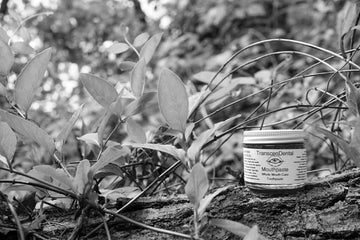 black and white charcoal toothpaste on a log. baking soda toothpaste in nature. all natural toothpaste. the best of all natural toothpaste. 