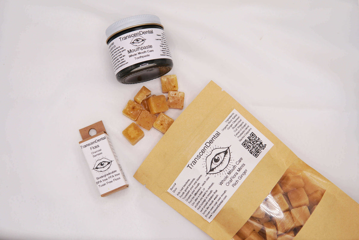 TranscenDental hydroxyapatite toothpaste, xylitol mints, and bamboo floss